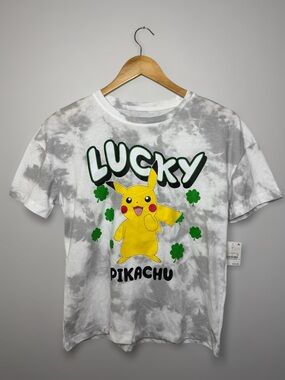 New Pokemon Kids Lucky Pikachu Tie-Dye Tee - Yellow, Green & Gray Boys L